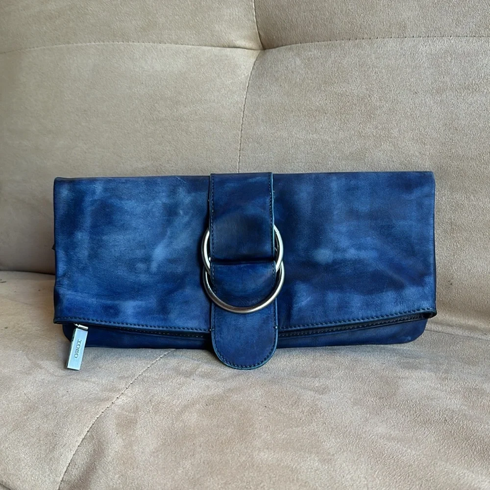 HOBO International MADELINE Soft Blue Leather Foldover Clutch Bag w/ Buckle